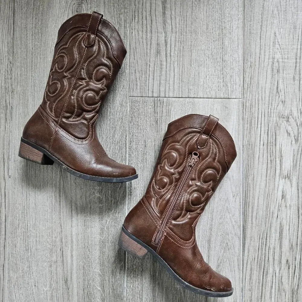 Kids Brown Embroidered Western Cowboy Boots – Size 2